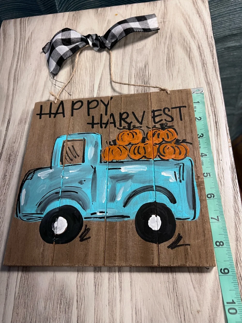 Happy Harvest Teal Truck Wooden Wall Hanging Fall Pumpkin Decor Sign